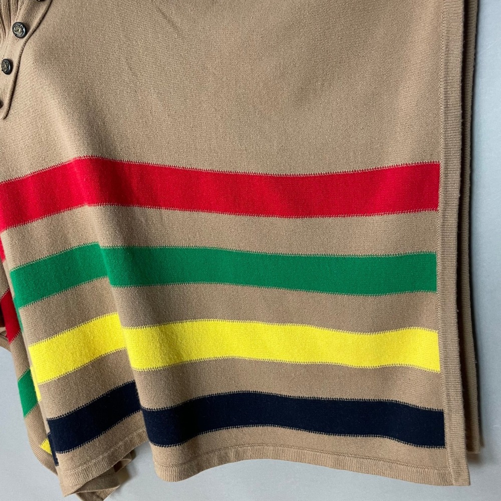 Lauren Ralph Lauren Poncho Women Small Medium Tan Multi Stripe Button Wool Blend - Picture 11 of 16